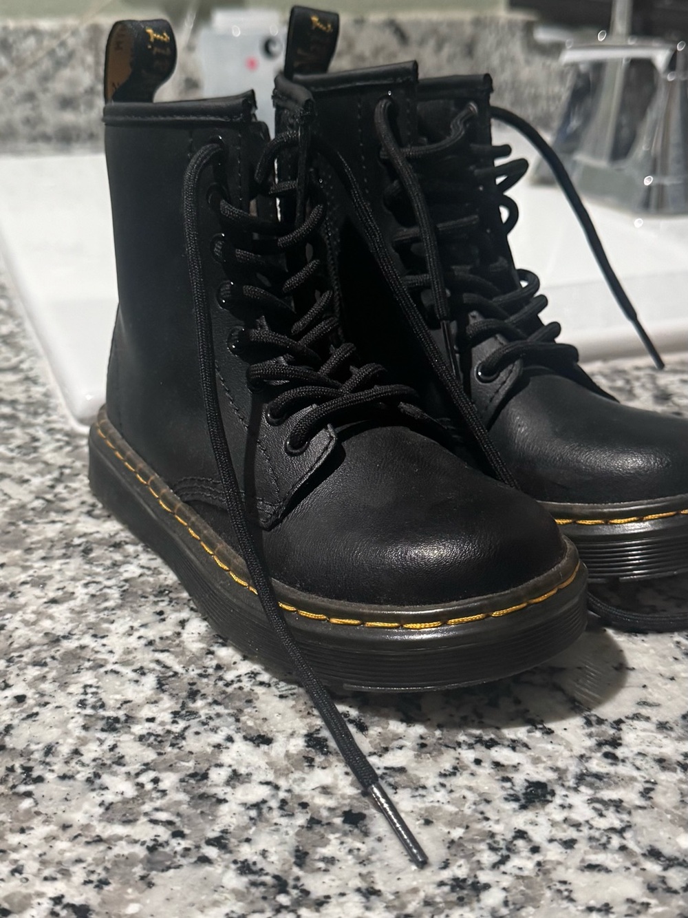 Dr. Martens Black Lace-Up Platform Boots with Yellow Stitching